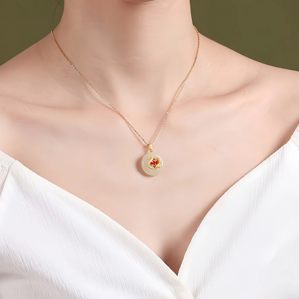 Hetian Jade Lotus & Carp Necklace - Lotus & Koi for Prosperity