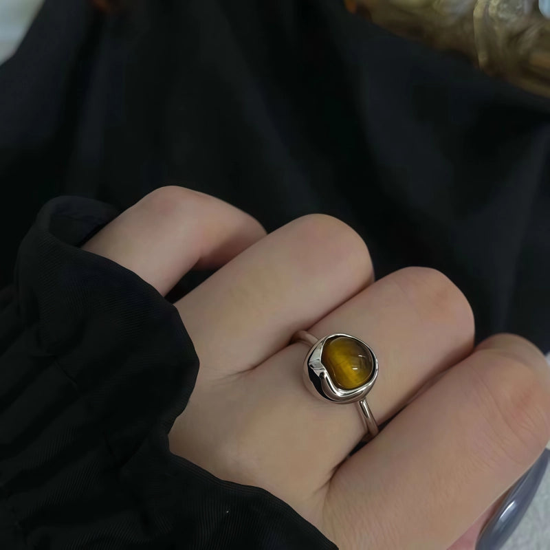Bague en pierre naturelle œil de tigre, bague irrégulière haricot porte-bonheur pour fille