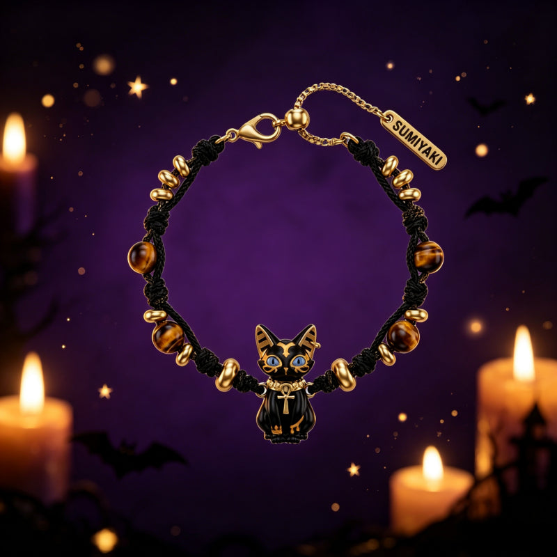 Natural Tiger Eye Stone Bracelet — Ancient Egyptian Bastet Guardian Black Cat Goddess