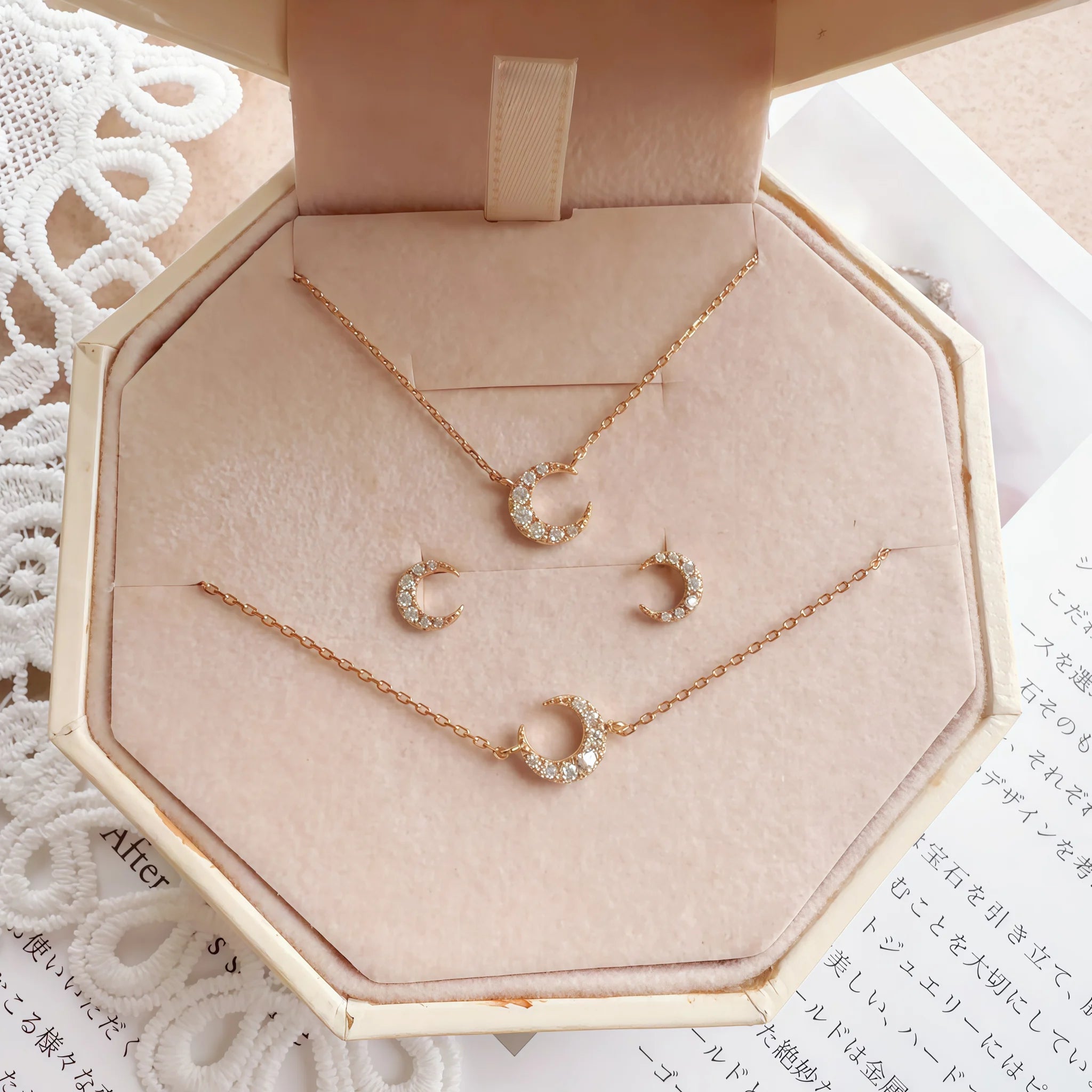 Pavé‑Set Crescent Moon Jewelry Set - Quiet Protection