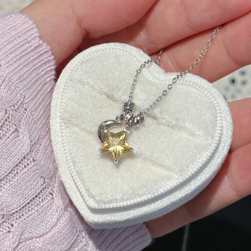 Moon&Star Natural Citrine/Clear Quartz Necklace - Attracts Wealth, Purifies Aura