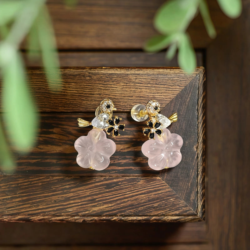 Cherry Blossom Whisper Natural Rose Quartz Drop Earrings