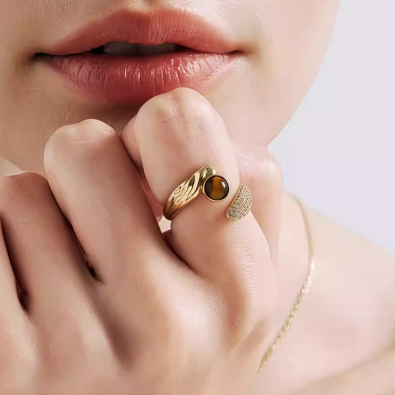 Natural Tiger Eye Ring, Light Luxury Zircon, Niche Design, Open Index Finger Ring