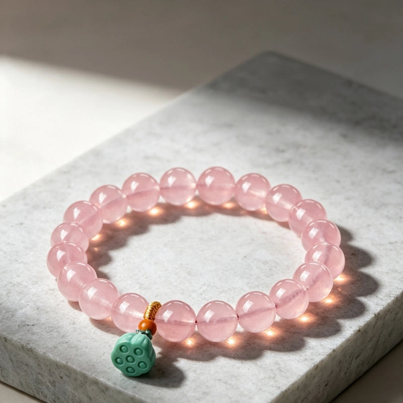 Natural Rose Quartz Lotus Pendant Bracelet - Draws Sweet Love