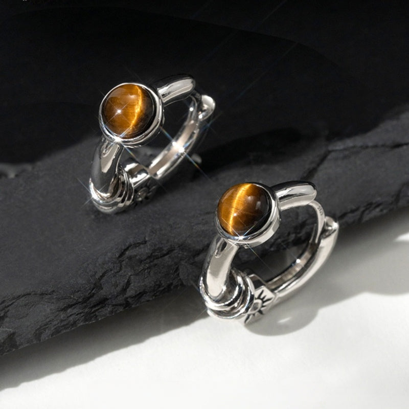 Boucles d'oreilles en œil de tigre naturel et argent, style streetwear — Courage fougueux pour mon petit ami