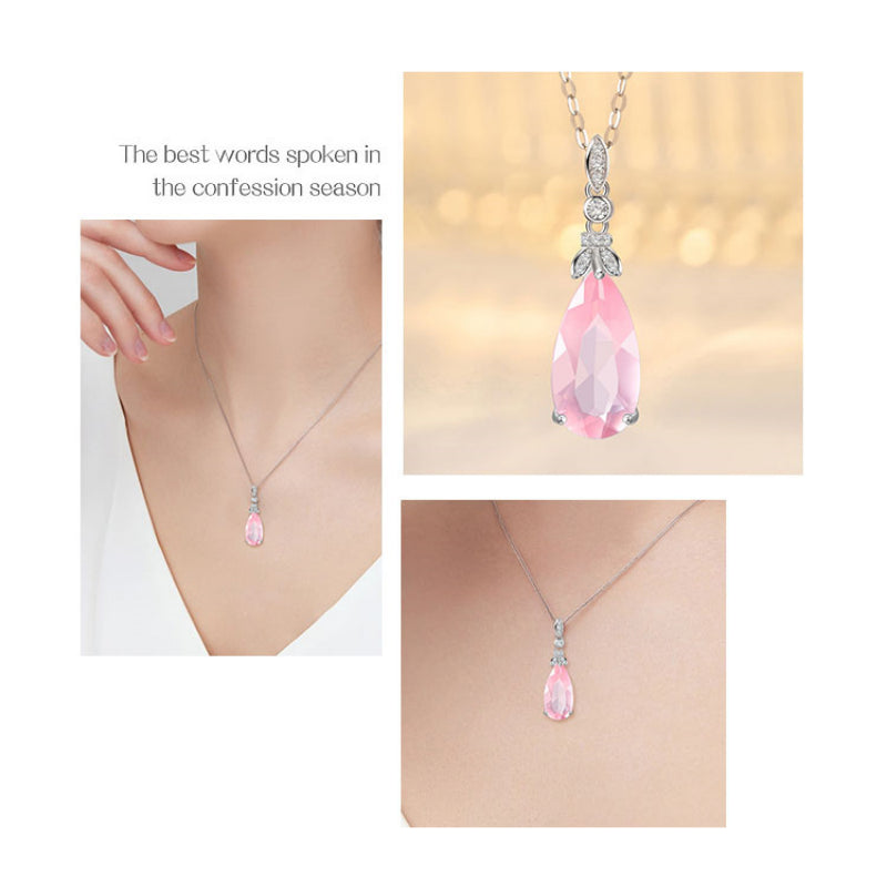 Collier goutte de rosée rose en cristal naturel