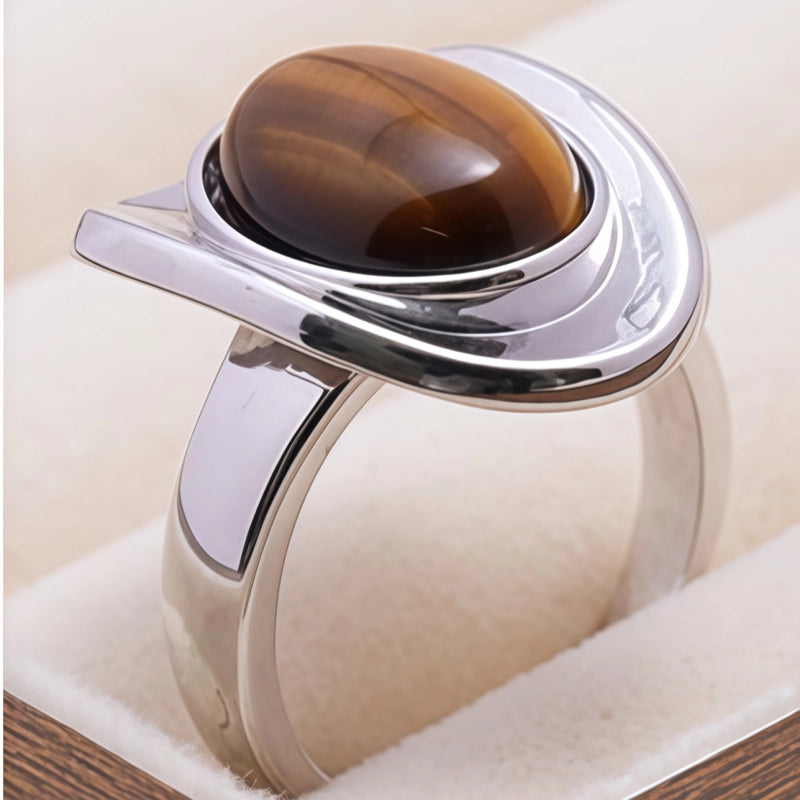 Natural Tiger Eye Stone Ring With Ribbed Star Core Light Luxury Women's Ring