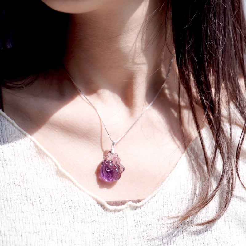 Natural Amethyst Fox Necklace – Open Wisdom, Attract Benefactors, Cute Guardian for Neck & Spirit
