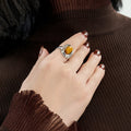 Natural Tiger Eye Stone Ring With Ribbed Star Core Light Luxury Women's Ring