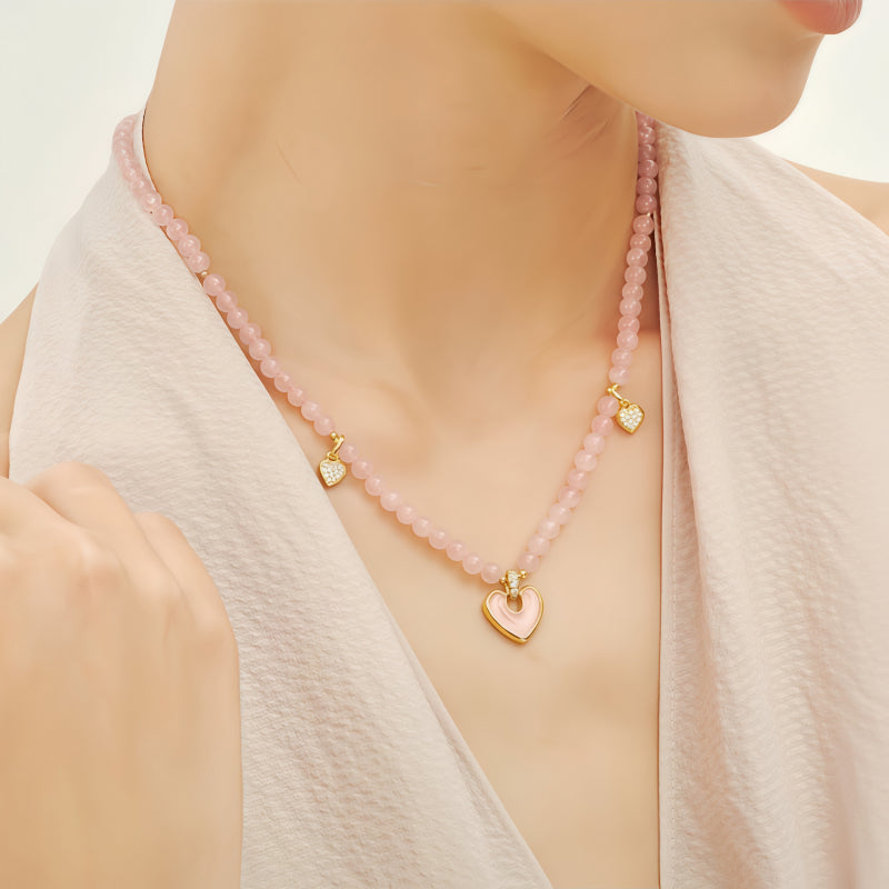 Pink Crystal Heart Beaded Necklace - Open Your Heart Chakra