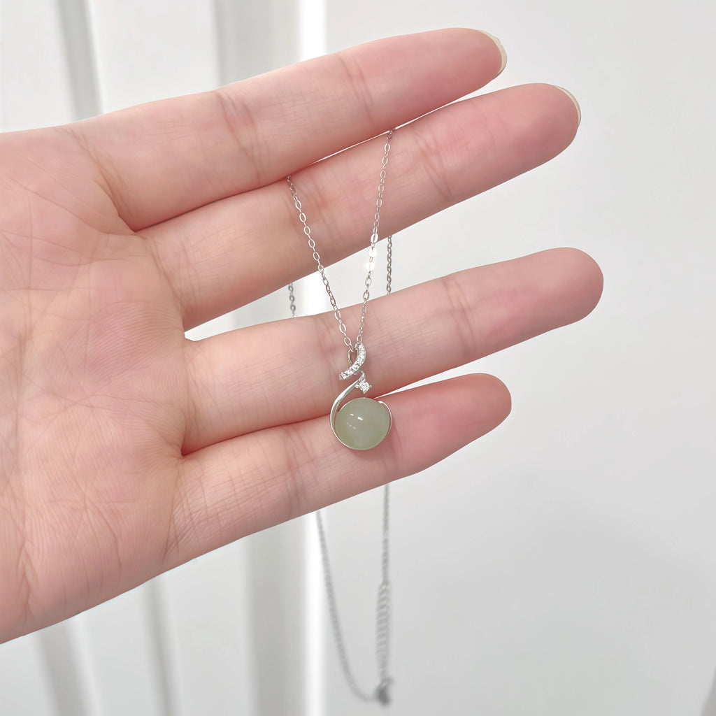 Elegant Hetian Jade Bead Silver Necklace - Calm & Protection