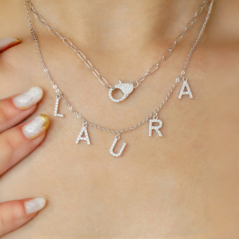 Custom Full Diamond Letter Pendant Necklace | 925 Sterling Silver Layered Name Necklace