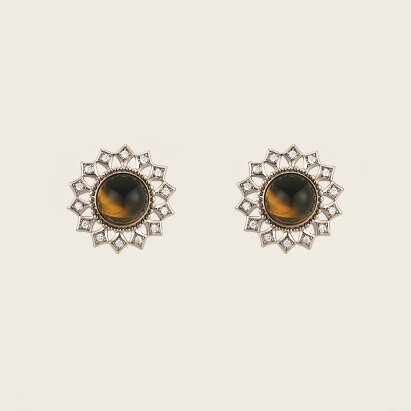 Sunflower Tiger Eye Stud Earrings — Niche Retro Crystal for Fortune & Success