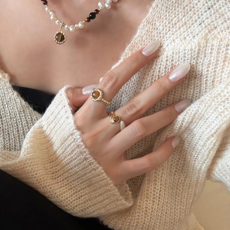 Bague Œil de Tigre Naturel, Zircon de Luxe Léger, Design Niche, Bague Ouverte pour Index