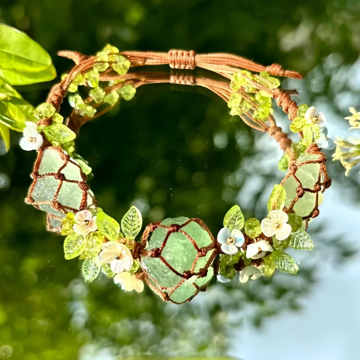 Green Quartz & Fluorite Woven Bracelet - For Calming Energy