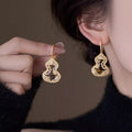 Hollow Gourd Tiger Eye Drop Earrings, Blessing Wealth Crystal Ear Jewelry