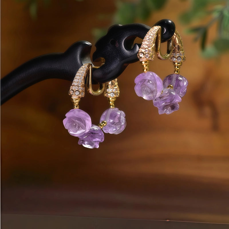 Natural Amethyst Earrings With Purple Rose Petals Earrings