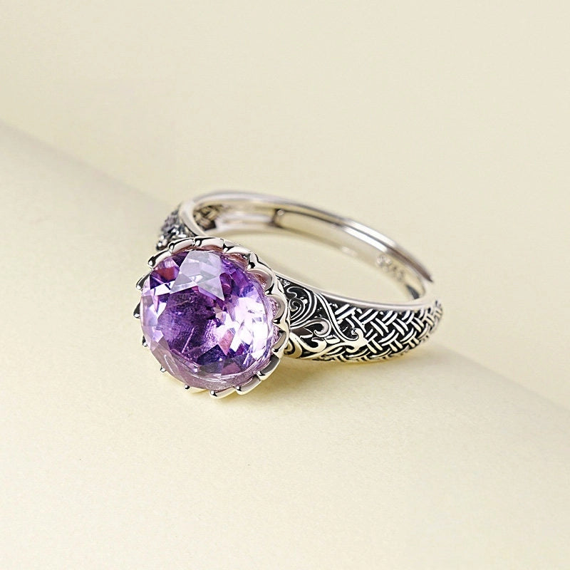 Bague Lotus en Améthyste Naturelle – Design Vintage en Argent Sterling 925