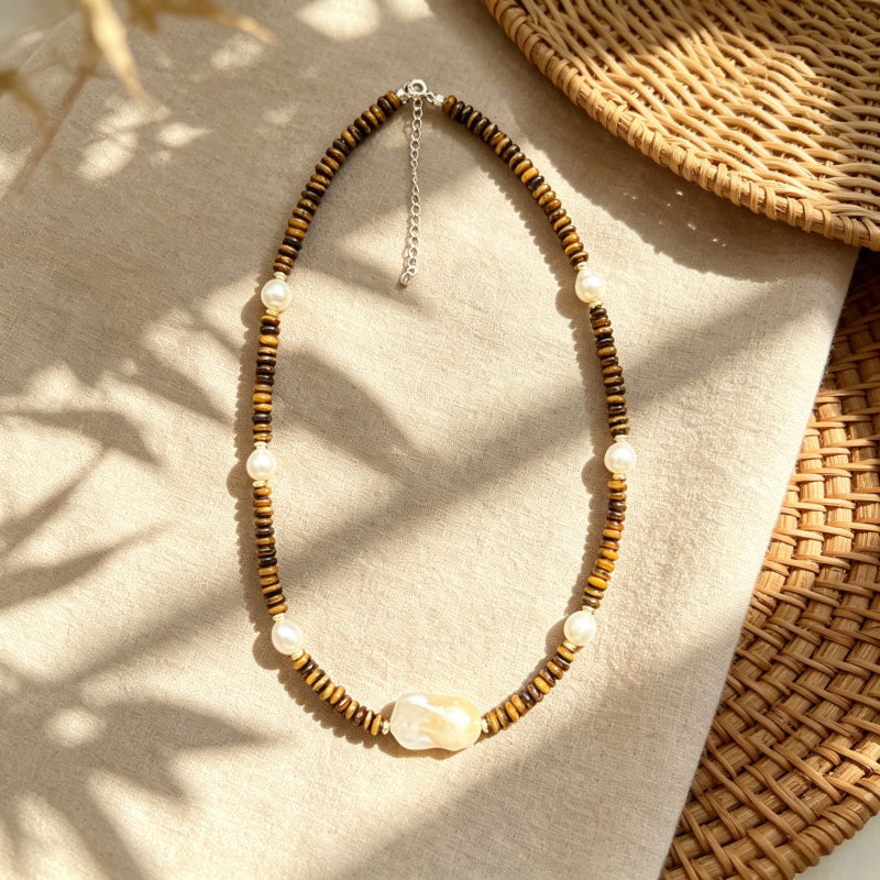 Irregular Baroque Pearl Natural Tiger Eye Stone Necklace — Gift for Mom
