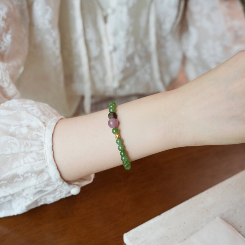 Natural Hetian Jade Bracelet - Pure Love Energy Rose Quartz Detail