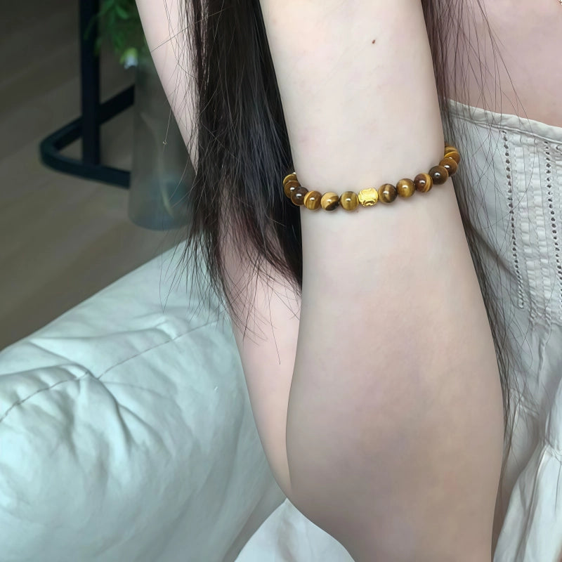 Bracelet élastique perles œil de tigre naturel - Attire la richesse, cadeau d'anniversaire idéal