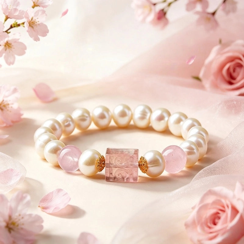 Freshwater Pearl Powder Crystal Bracelet — Rose Quartz Attracts Gentle Love