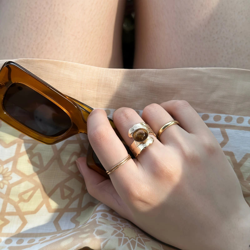 Natural Tiger Eye Stone Ring, Retro French Feather Antique Style Ring