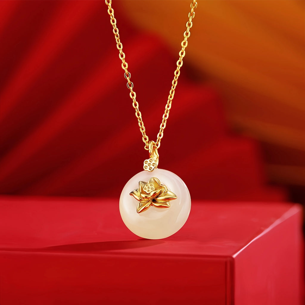 Hetian Jade Lotus & Carp Necklace - Lotus & Koi for Prosperity
