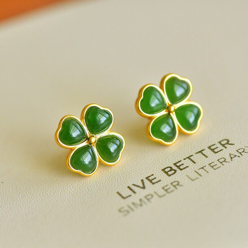 Four‑Leaf Clover Hetian Jade Necklace Earrings Ring Jewelry Set - Good Fortune & Beauty