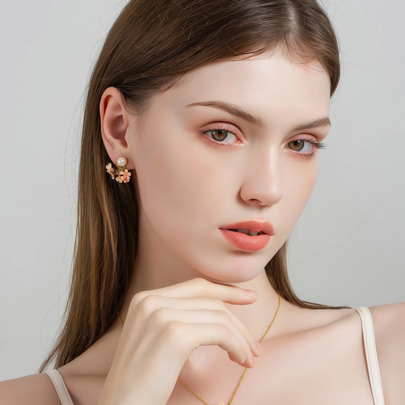 Boucles d'oreilles pendantes émaillées fleur d'éventail et perles, magnifiques boucles d'oreilles de luxe légères en fleur de cerisier