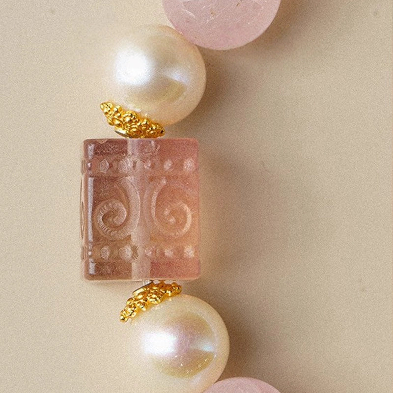 Freshwater Pearl Powder Crystal Bracelet — Rose Quartz Attracts Gentle Love