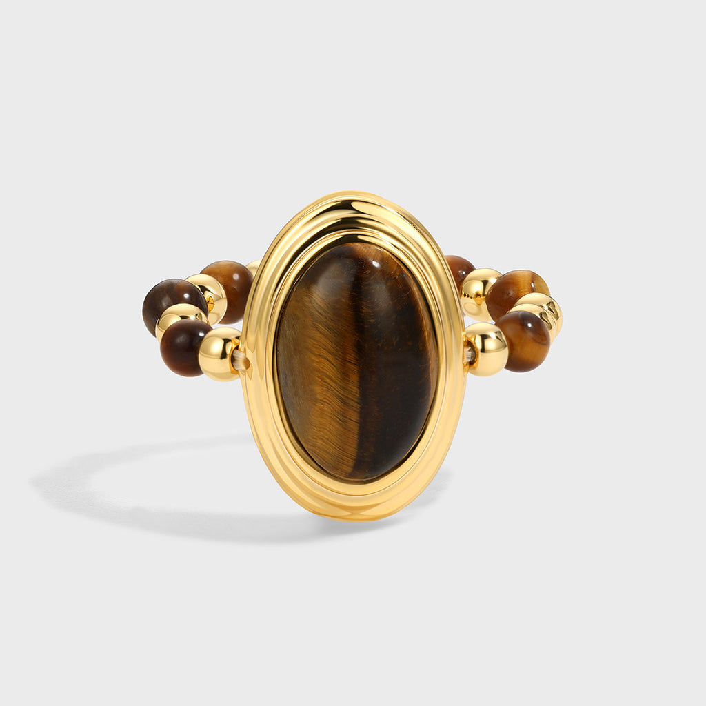 2pcs Set Gilded Four-Petal & Oval Tiger's Eye Ring - Talisman Attract Wealth, Boost Career & Repel Negative Energy