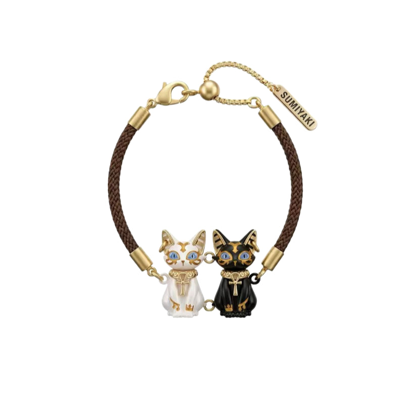 Natural Tiger Eye Stone Bracelet - Ancient Egyptian Bastet Guardian Black Cat Goddess