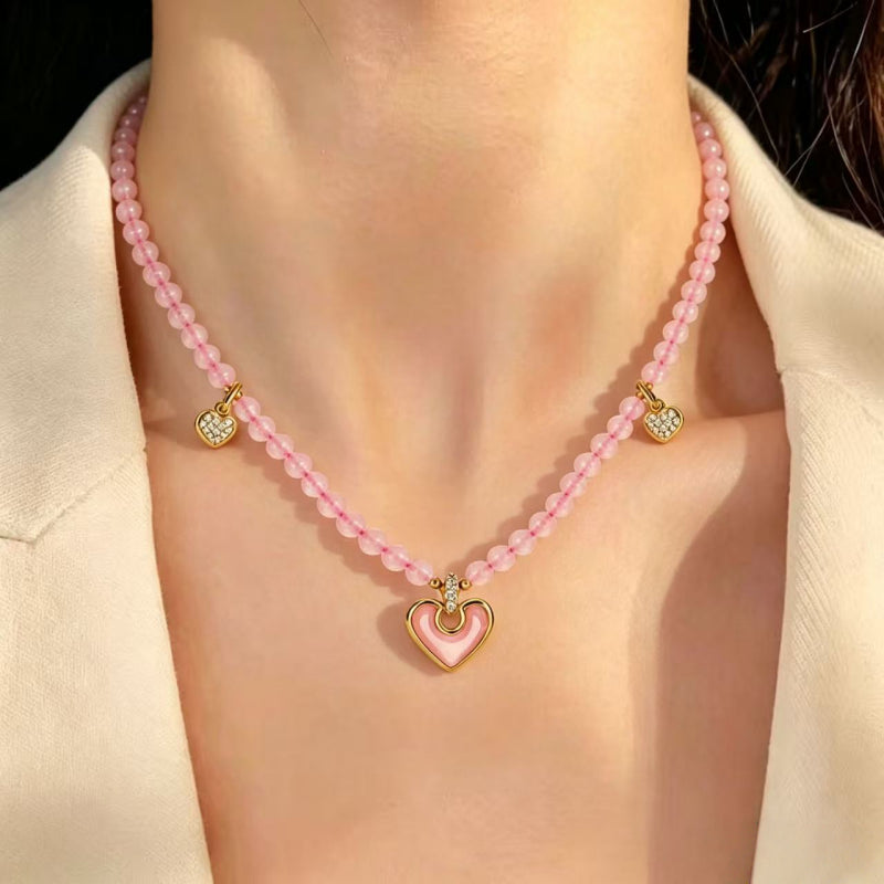 Pink Crystal Heart Beaded Necklace - Open Your Heart Chakra