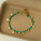 Hand‑Hammered Gold Coin Natural Stone Beaded Stack Bracelet - Healing, Inner Power