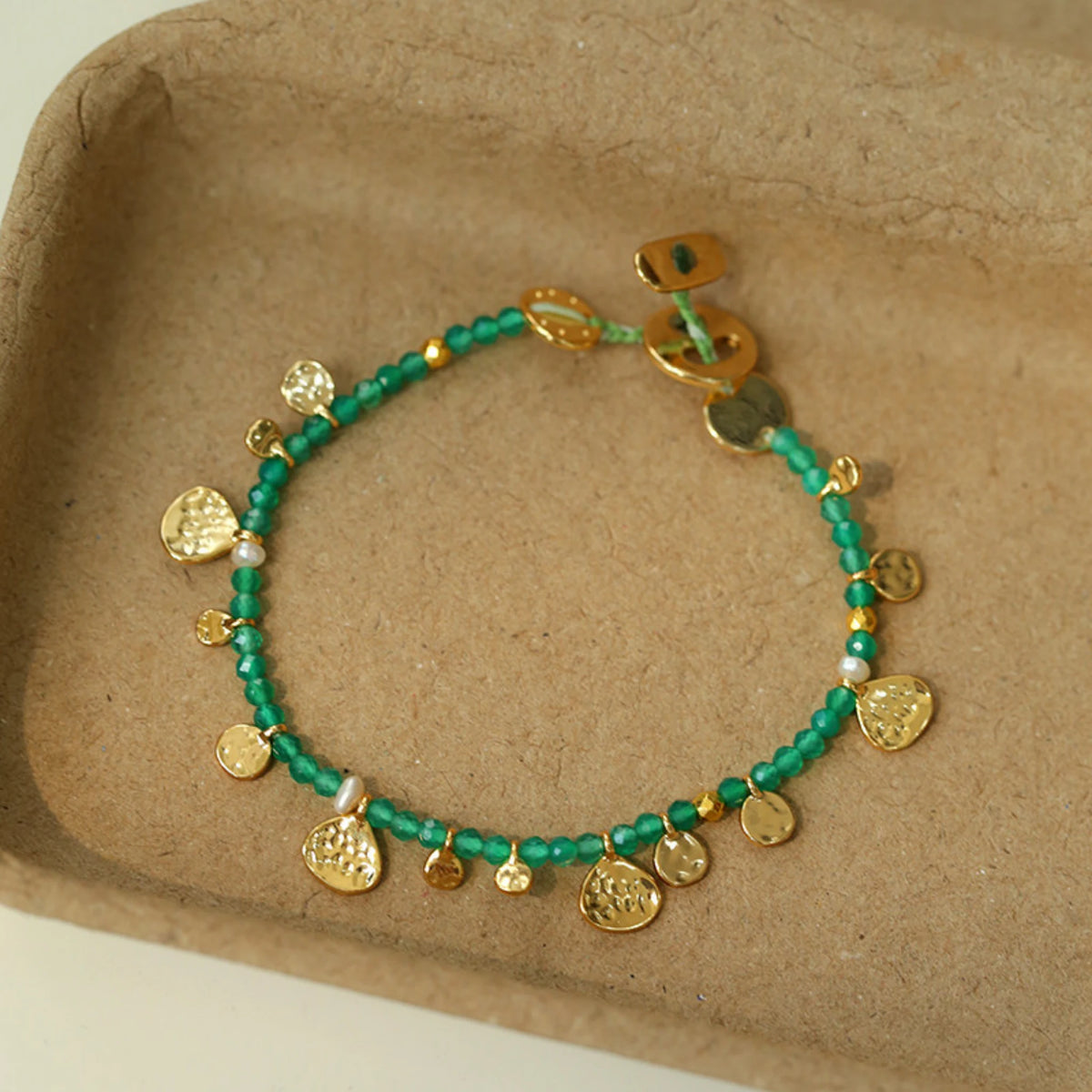 Hand‑Hammered Gold Coin Natural Stone Beaded Stack Bracelet - Healing, Inner Power