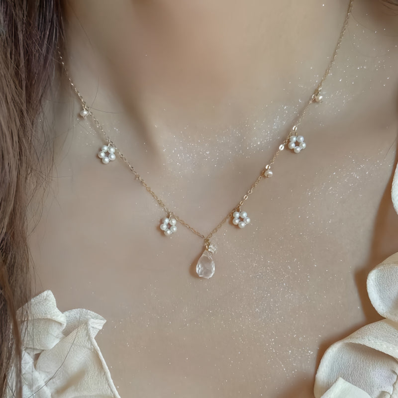 Natural Rose Quartz Pearl Flower Necklace– Open Heart, Attract Sweetness