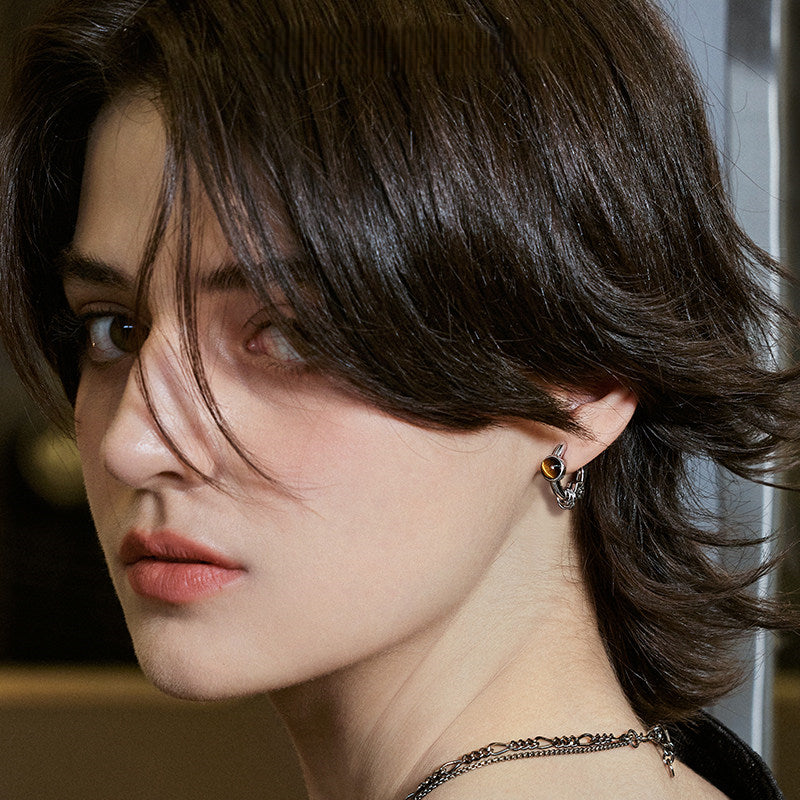 Natural Tiger Eye Silver Earrings, Streetwear Style — Fiery Courage For My Boyfriend