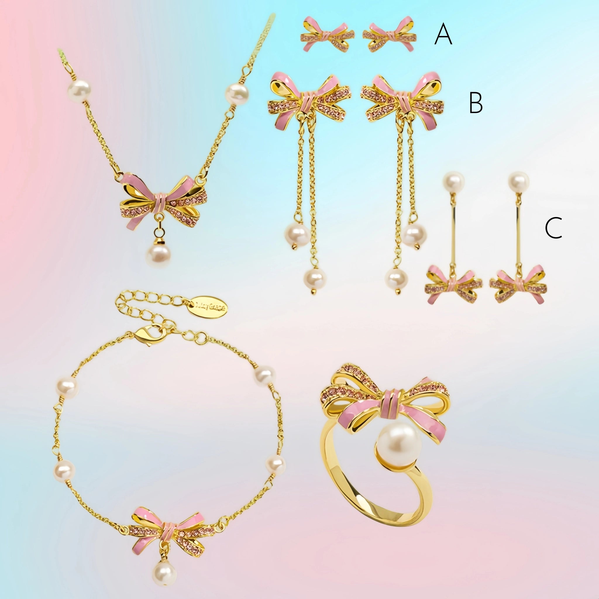 Bow‑knot Necklace Bracelet Ring Earrings Jewelry Set, Sweet Feminine Style