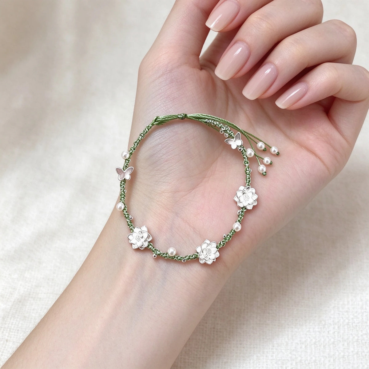 S999 Fine Silver Small Light Green Lotus Bracelet - Purity & Serenity Energy