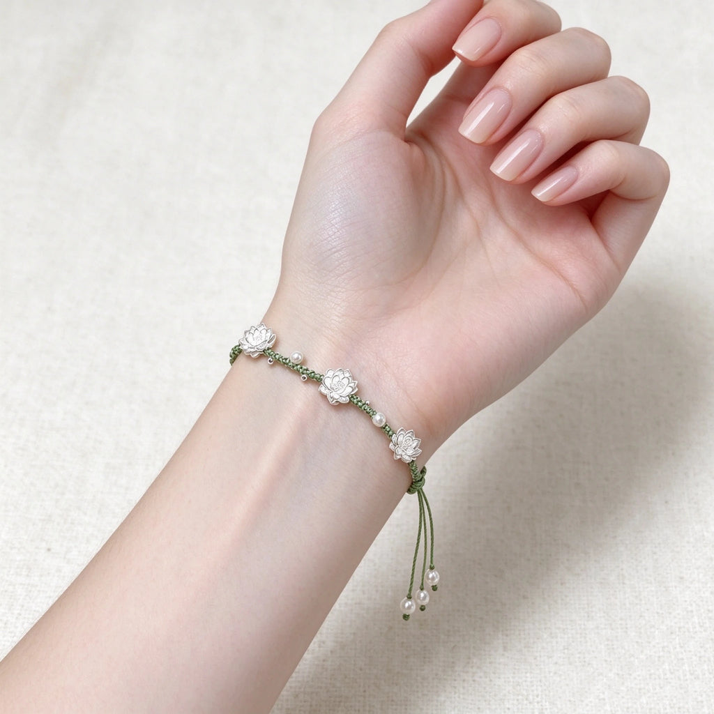 S999 Fine Silver Small Light Green Lotus Bracelet - Purity & Serenity Energy