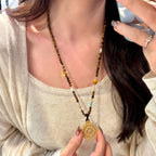 Natural Tiger Eye Stone Necklace, Compass Pendant Sweater Necklace, Gift for Mom
