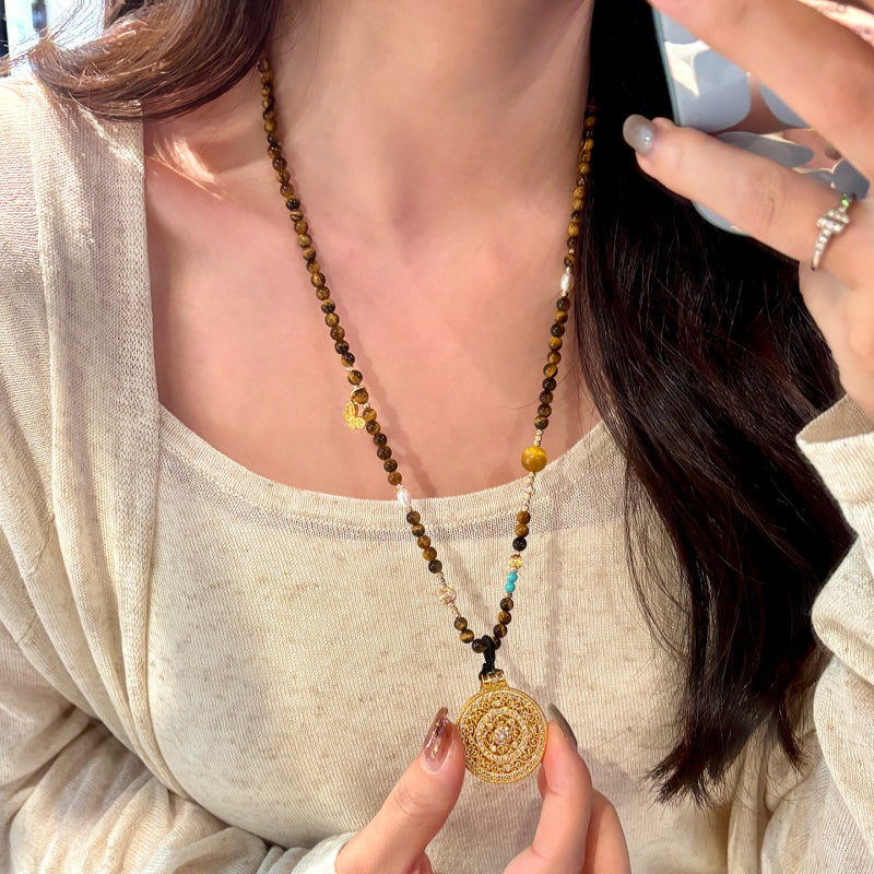 Natural Tiger Eye Stone Necklace, Compass Pendant Sweater Necklace, Gift for Mom