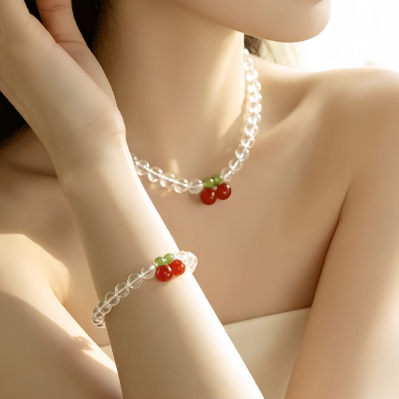 Natural White Crystal Cherry Bracelet Necklace Set – Soothe Emotions, Cleanse Aura