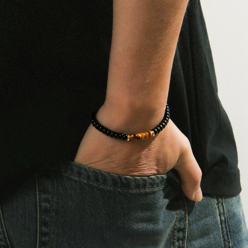Natural Flat Disc Black Onyx & Tiger Eye Bracelet for Men - Attract Wealth & Stabilize Career, Valentine Gift for Boyfriend