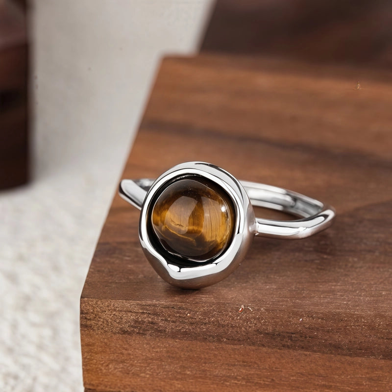 Natural Tiger Eye Stone Ring, Irregular Lucky Bean Girl Ring