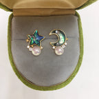 Natural Abalone Shell Pearl Earrings - Moon & Star Bring Gentle Serenity