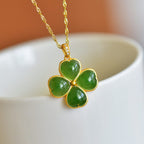 Four‑Leaf Clover Hetian Jade Necklace Earrings Ring Jewelry Set - Good Fortune & Beauty