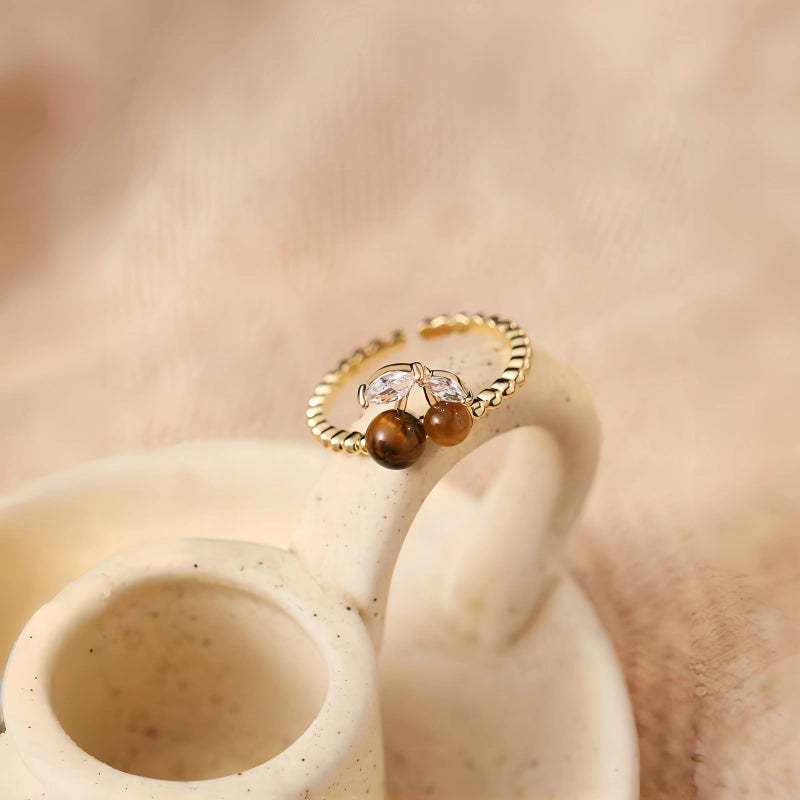 Bague Ouverte Fortune en Œil de Tigre Naturel et Cerise - Cadeau Porte-Bonheur pour Filles