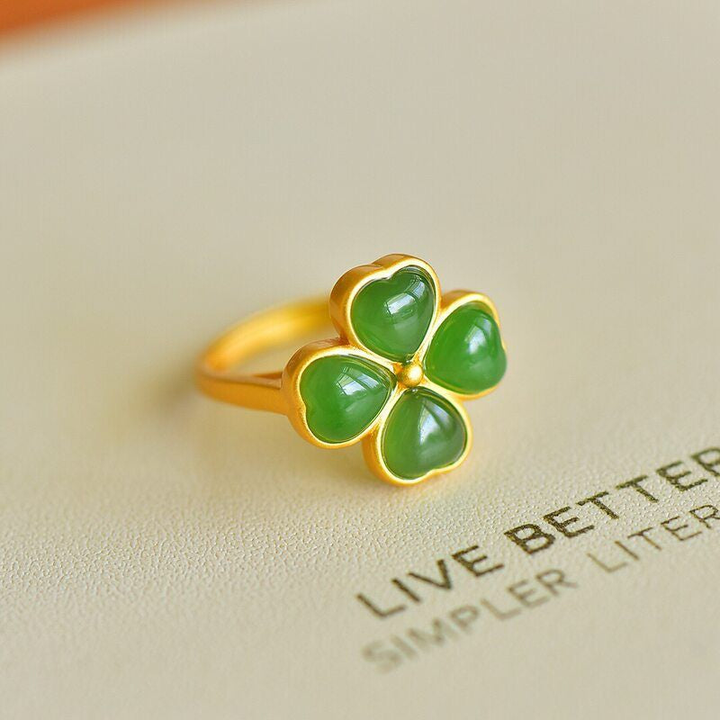 Four‑Leaf Clover Hetian Jade Necklace Earrings Ring Jewelry Set - Good Fortune & Beauty